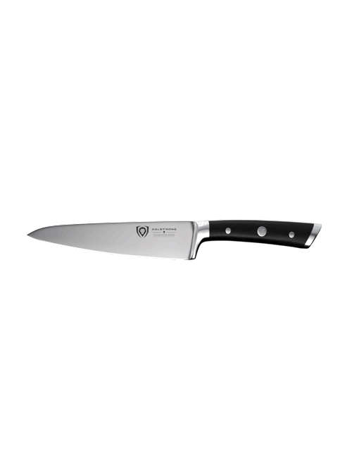 Dalstrong gladiator series 7 inch chef knife with black handle in all angles.