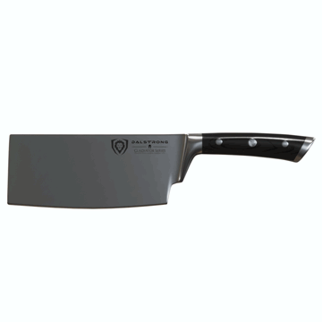 Dalstrong gladiator series 7 inch cleaver knife with black handle in all angles.