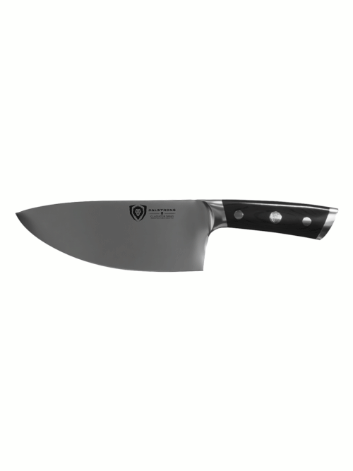 Dalstrong gladiator series 7 inch rocking herb knife with black handle in all angles.