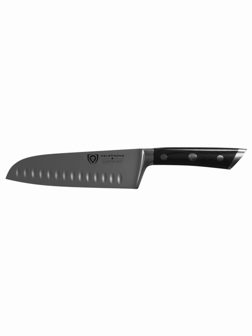 Dalstrong gladiator series 7 inch santoku knife with black handle in all angles.