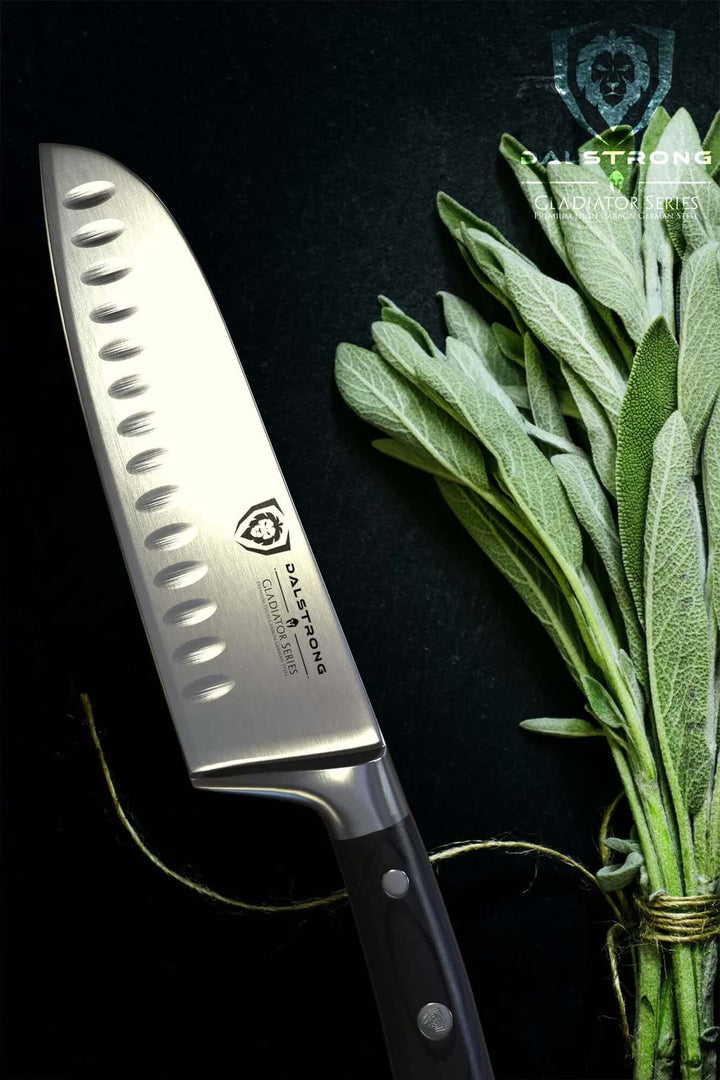 Dalstrong gladiator series 7 inch santoku knife with black handle and green herbs beside it.