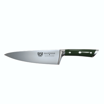 Dalstrong gladiator series 8 inch chef knife with green handle in all angles.