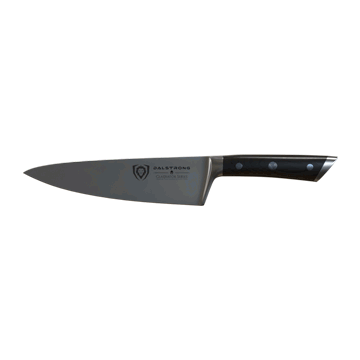 Dalstrong gladiator series 8 inch chef knife with black handle in all angles.