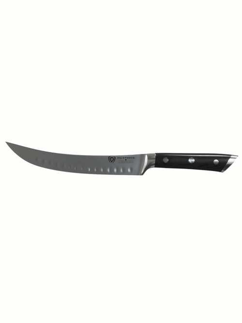 Dalstrong gladiator series 8 inch butcher knife with black handle in all angles.