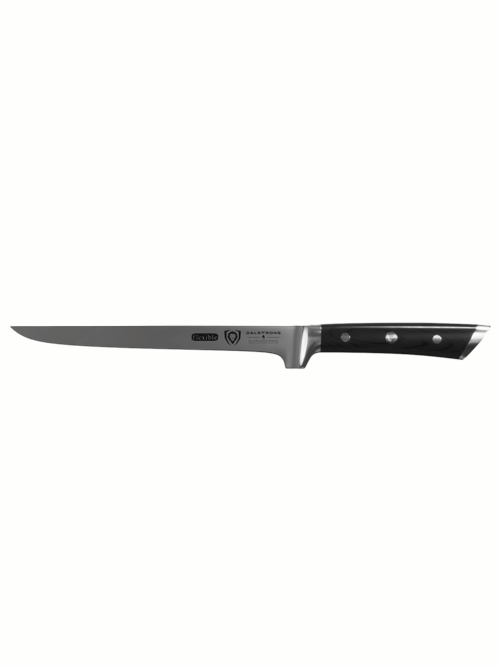 Gladiator series 8 inch boning knife with black handle in all angles.