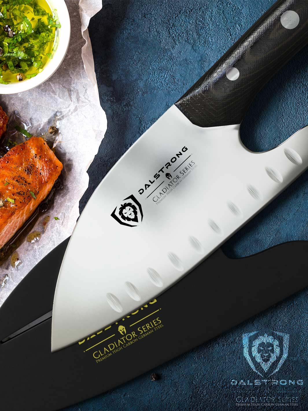 Dalstrong gladiator series 8 inch guardian chef knife with black handle and sheath beside a cooked salmon fillet.