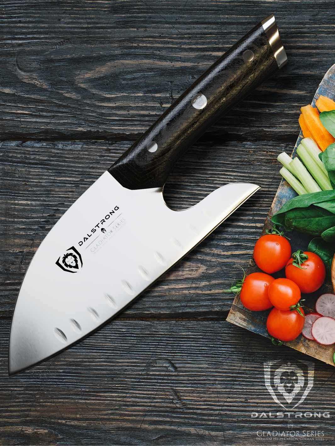 Dalstrong gladiator series 8 inch guardian chef knife with black handle and vegetables on a wooden cutting board.