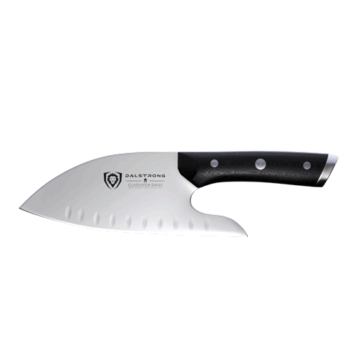 Dalstrong gladiator series 8 inch guardian chef knife with black handle in all angles.