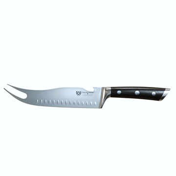 Dalstrong gladiator series 8 inch pitmaster knife with black handle in all angles.