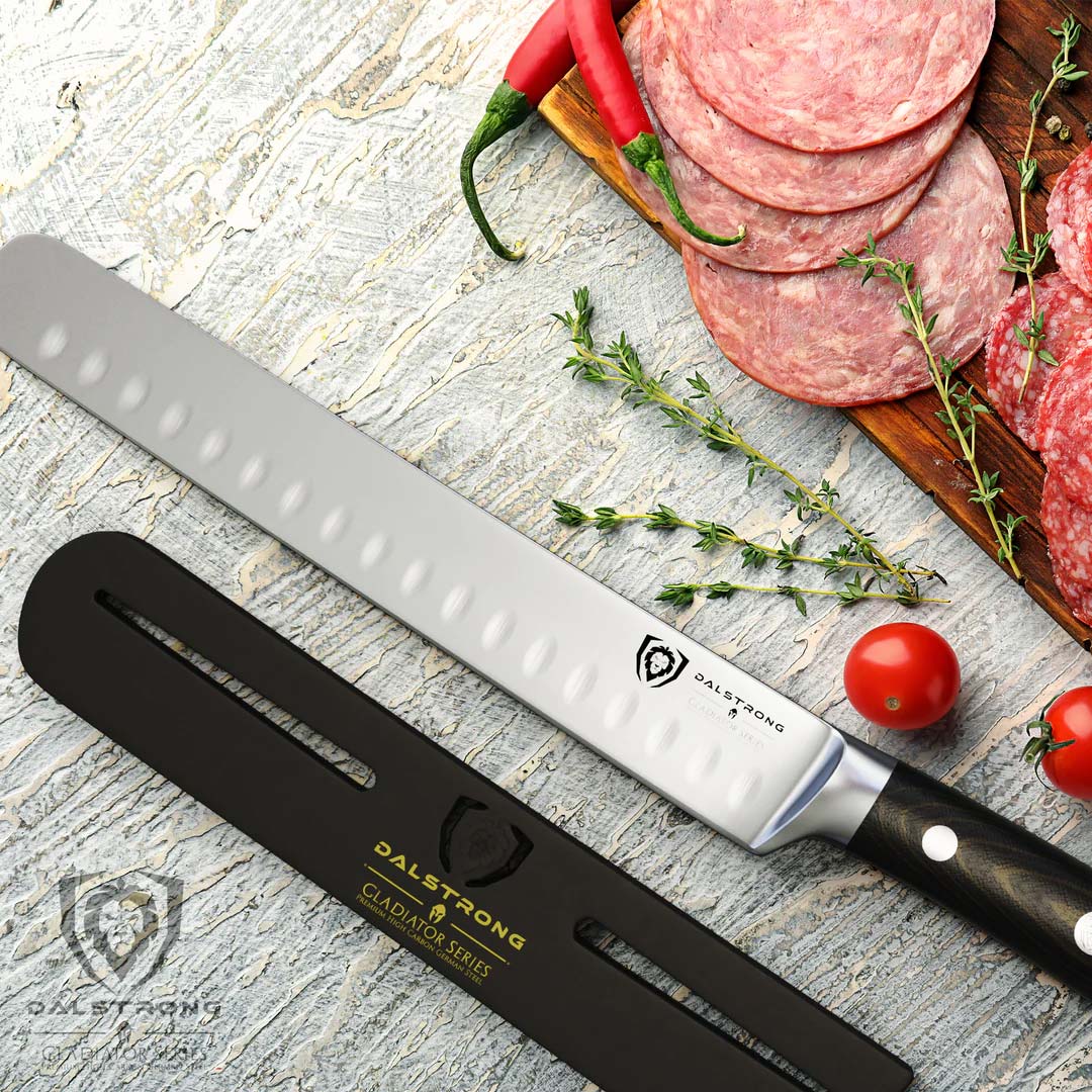 Dalstrong gladiator series 8 inch slicer knife with black handle and slices of ham on a cutting board.