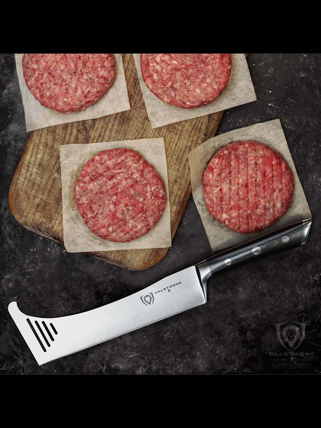 Dalstrong gladiator series 8 inch spatula knife with black handle and four hamburger patties on a wooden board.