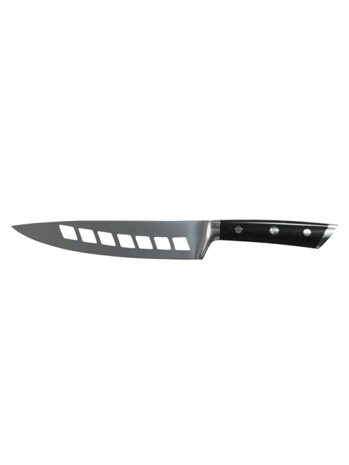 Dalstrong gladiator series 8 inch vegetable knife with black handle in all angles.