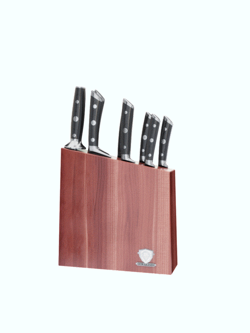 Dalstrong gladiator series 8 piece knife block set with black handles in all angles.