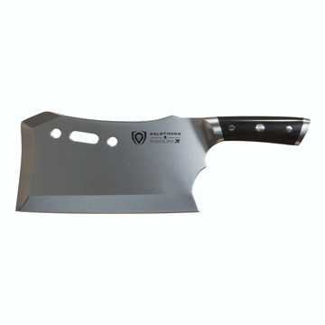 Dalstrong gladiator series 9 inch obliterator cleaver knife with black handle in all angles.