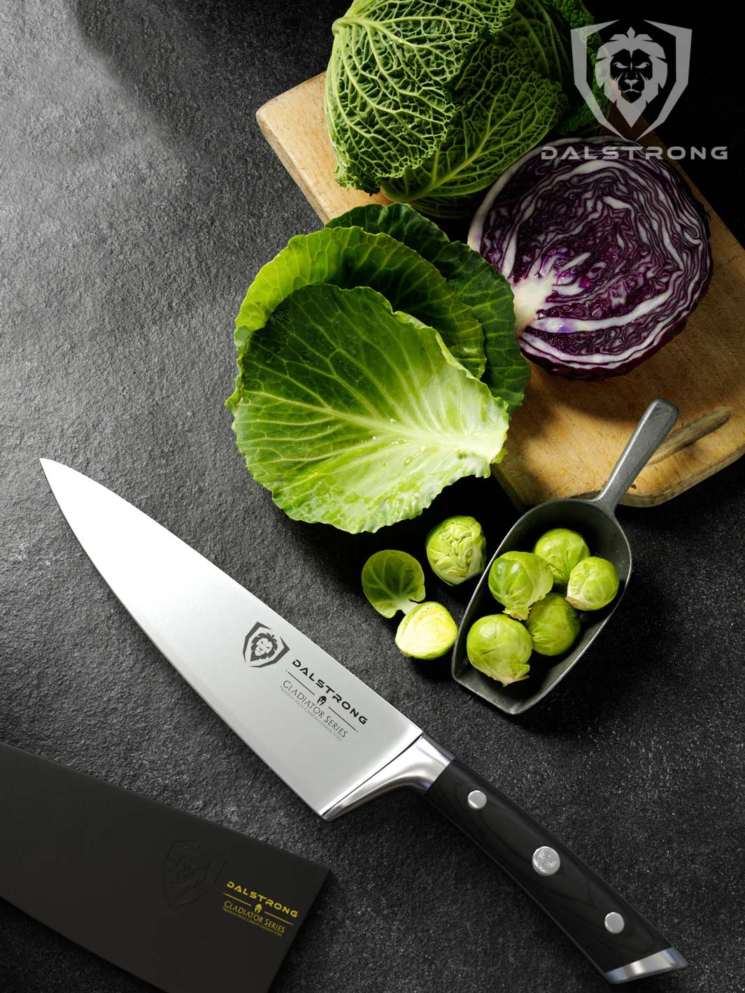 Dalstrong gladiator series 8 inch chef knife with black handle and sheath with three types of cabbage on a wooden board.