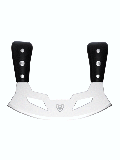 Dalstrong gladiator series 8.5 inch mezzaluna knife with black handle in all angles.