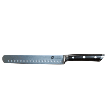 Dalstrong gladiator series 8 inch slicer knife with black handle in all angles.
