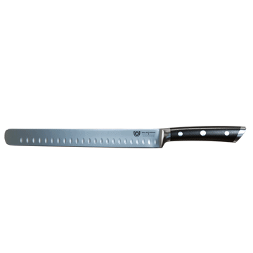 Dalstrong gladiator series 10 inch slicer knife with black handle in all angles.