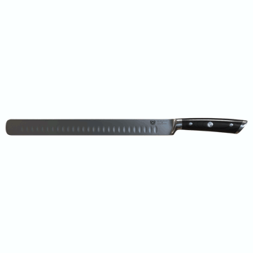 Dalstrong gladiator series 12 inch slicer knife with black handle in all angles.