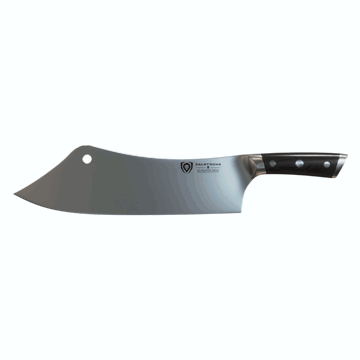 Dalstrong gladiator series 12 inch crixus cleaver knife with black handle in all angles.