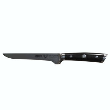 Dalstrong gladiator series 6 inch boning knife with black handle in all angles.