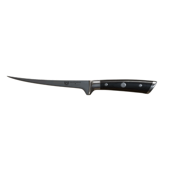 Dalstrong gladiator series 7 inch flexible fillet knife with black handle in all angles.