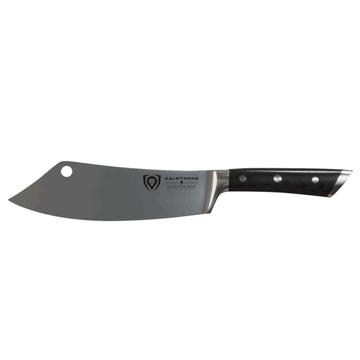 Dalstrong gladiator series 8 inch crixus cleaver knife with black handle in all angles.