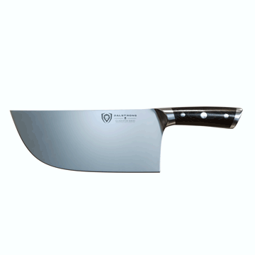Dalstrong gladiator series 9 inch ravager cleaver knife with black handle in all angles.