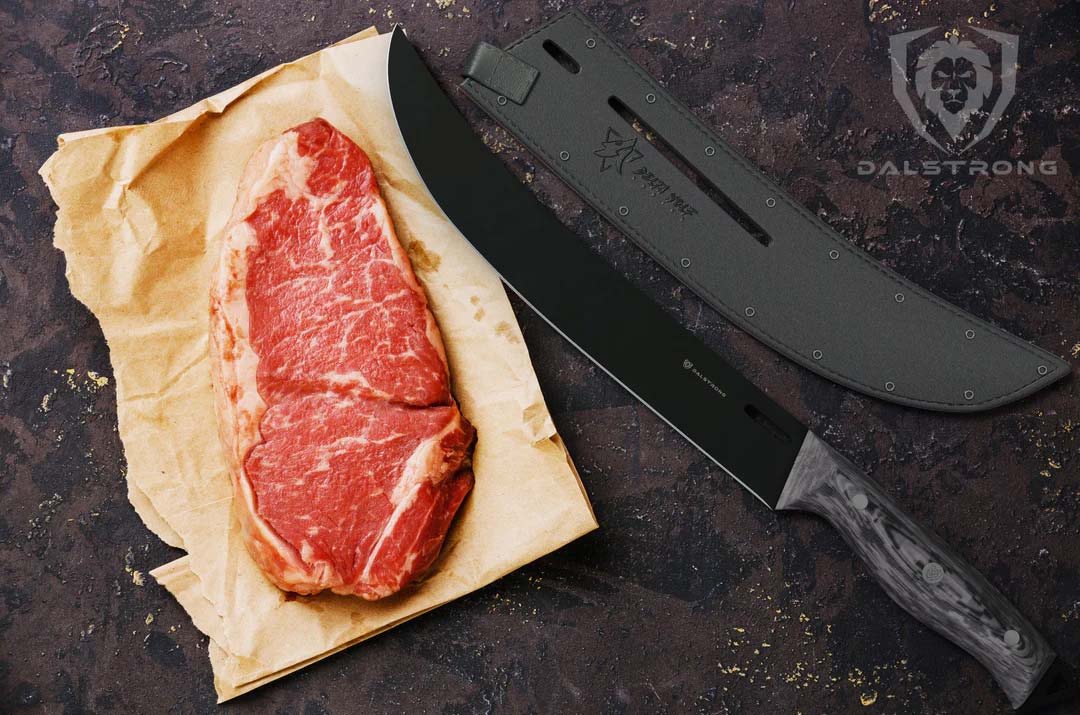 Dalstrong delta wolf series 10 inch butcher breaking knife with black long blade and sheath inside beside a steak.