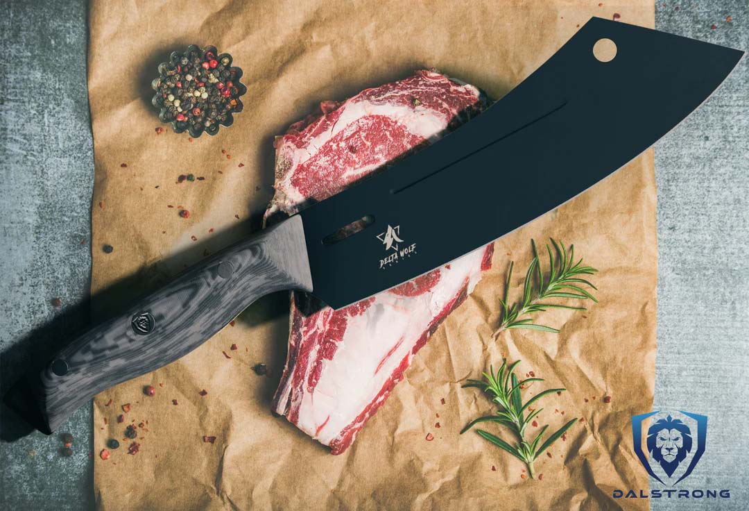 Dalstrong delta wolf series 8 inch crixus cleaver knife with black blade on top of a steak.