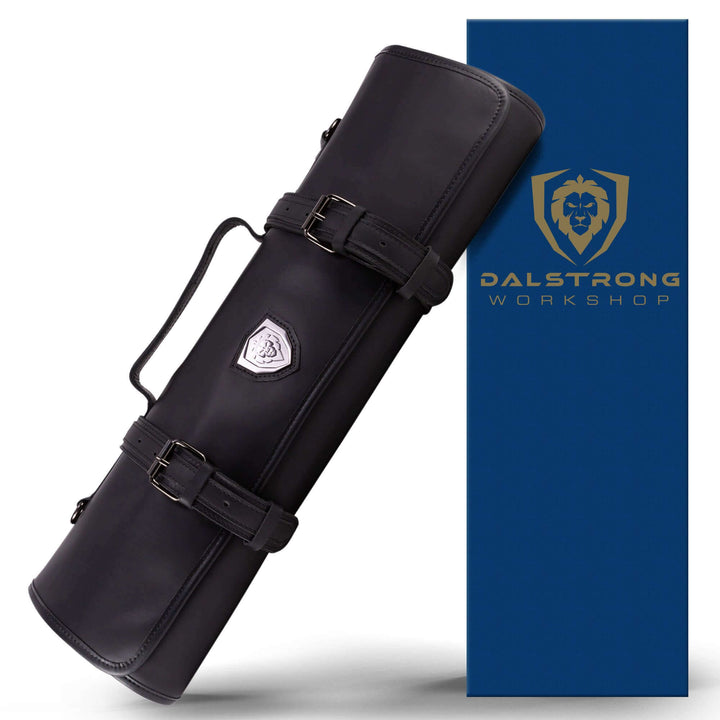 Dalstrong full grain leather midnight black vagabond knife roll in front of it's premium packaging.