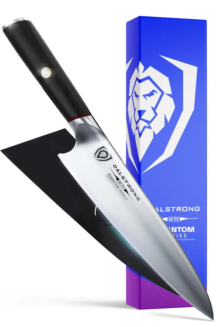 Dalstrong phantom series 8 inch chef knife with pakka wood handle in front of it's premium packaging.