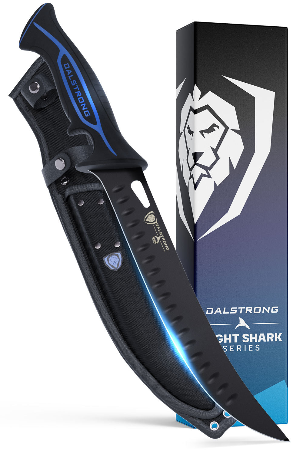 Dalstrong night shark series 10 inch butcher knife in front of it's premium packaging.
