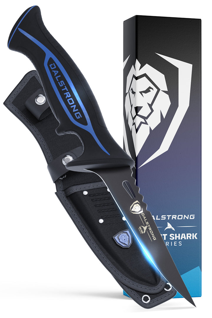 Dalstrong night shark series 4.7 inch fillet knife in front of it's premium packaging.