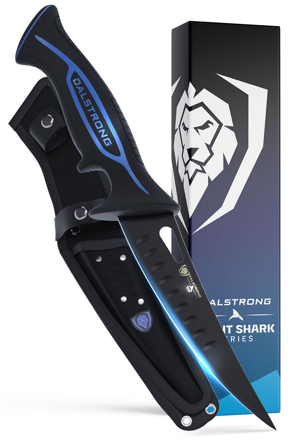 Dalstrong night shark series 6 inch curved boning knife in front of it's premium packaging.