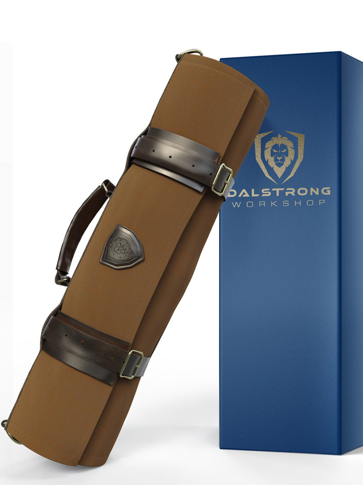 Dalstrong nomad series nomad knife roll XL in front of it's premium packaging.