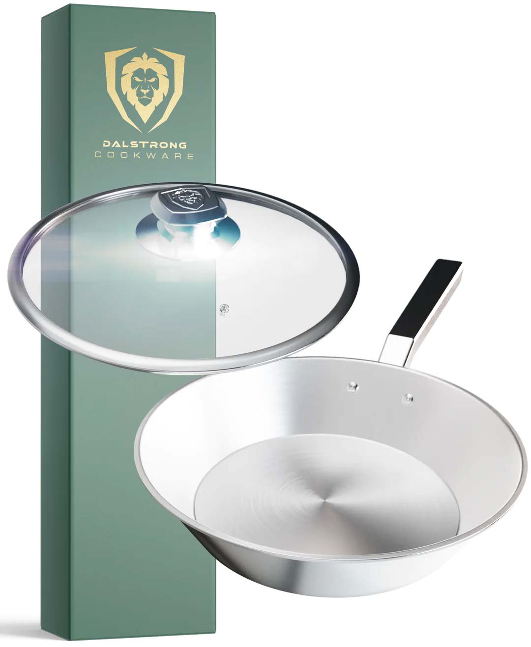 Dalstrong oberon series 10 inch frying pan skillet silver in front of it's premium packaging.