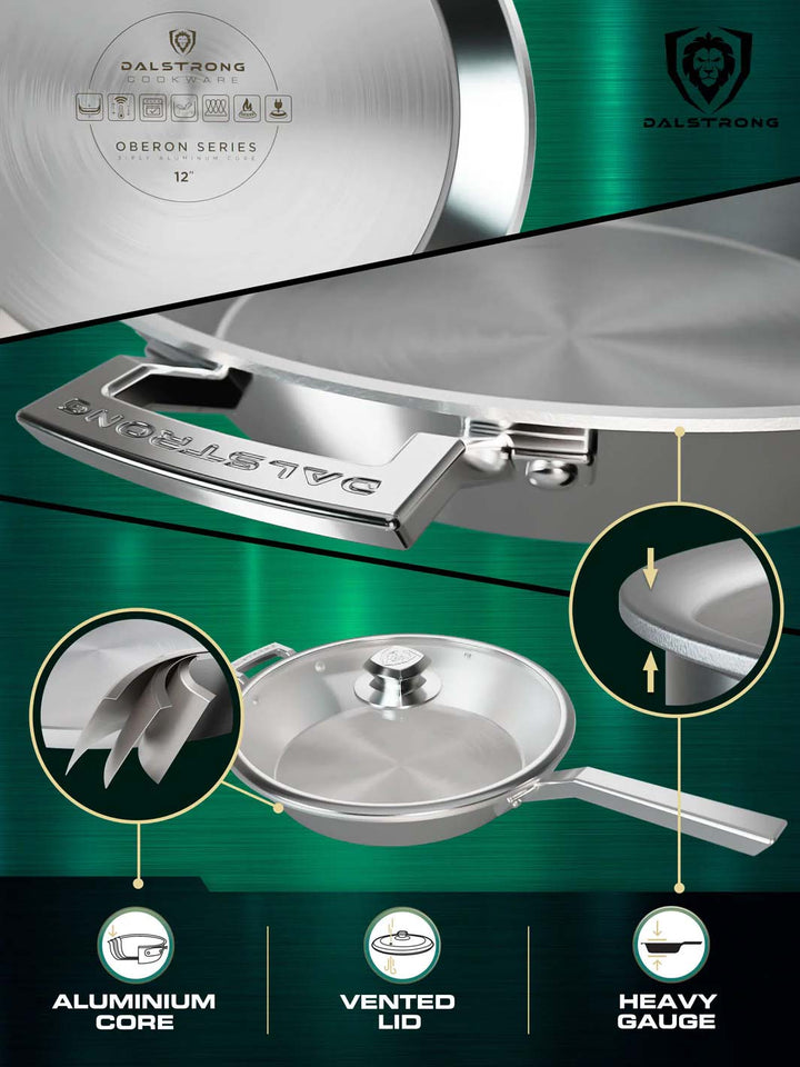 Dalstrong oberon series 12 inch frying pan and skillet silver featuring it's aluminum core and vented lid.