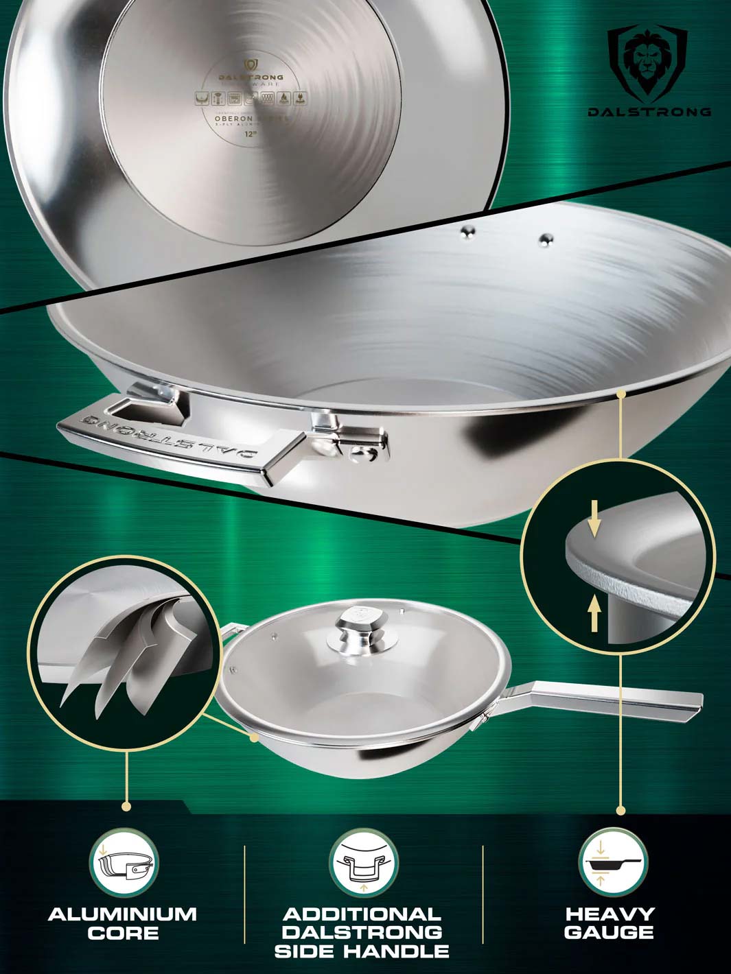 Dalstrong oberon series 12 inch frying pan wok silver featuring it's aluminum core and handle.