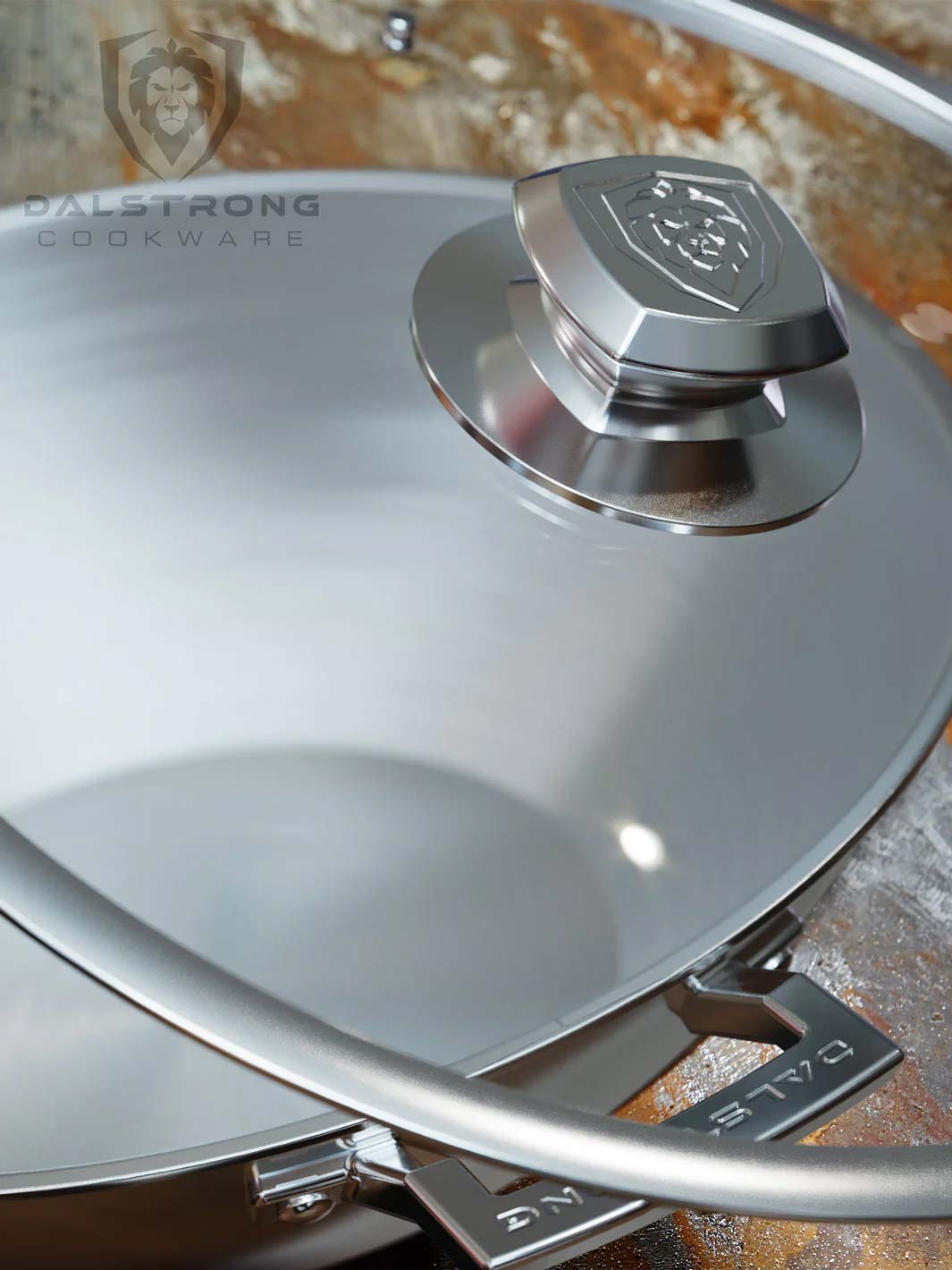 Dalstrong oberon series 12 inch frying pan wok silver with it's tempered glass lid.