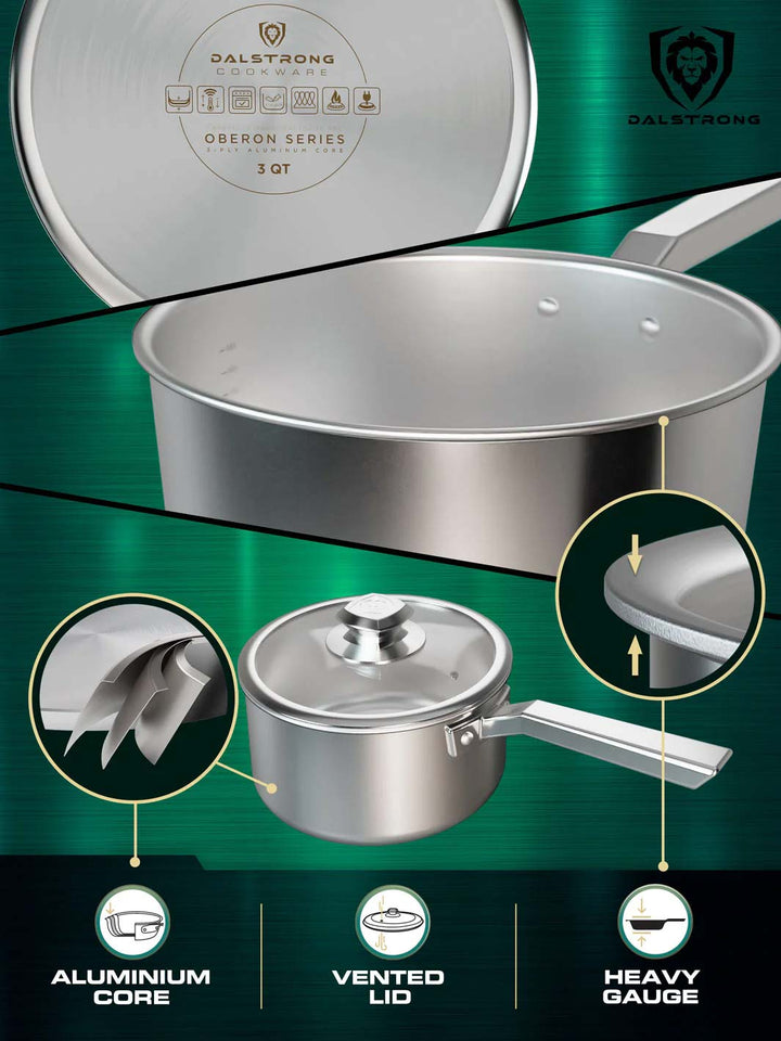Dalstrong oberon series 3 quart stock pot silver featuring it's aluminum core and vented lid.