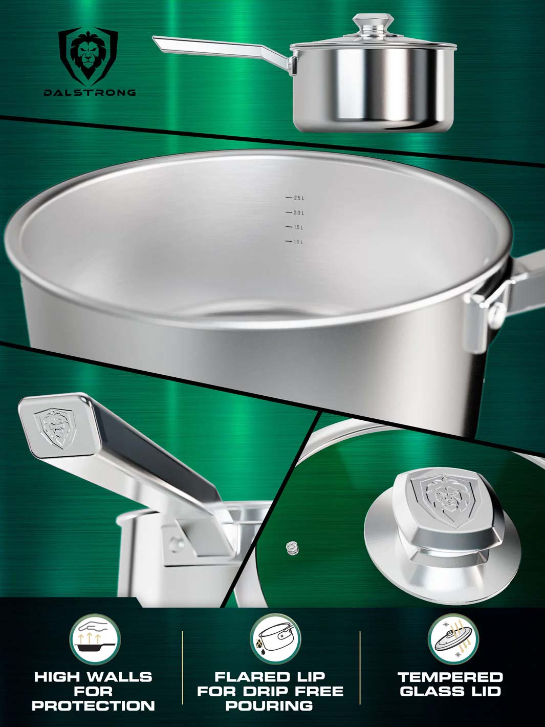 Dalstrong oberon series 3 quart stock pot silver showcasing it's high walls and tempered glass lid.