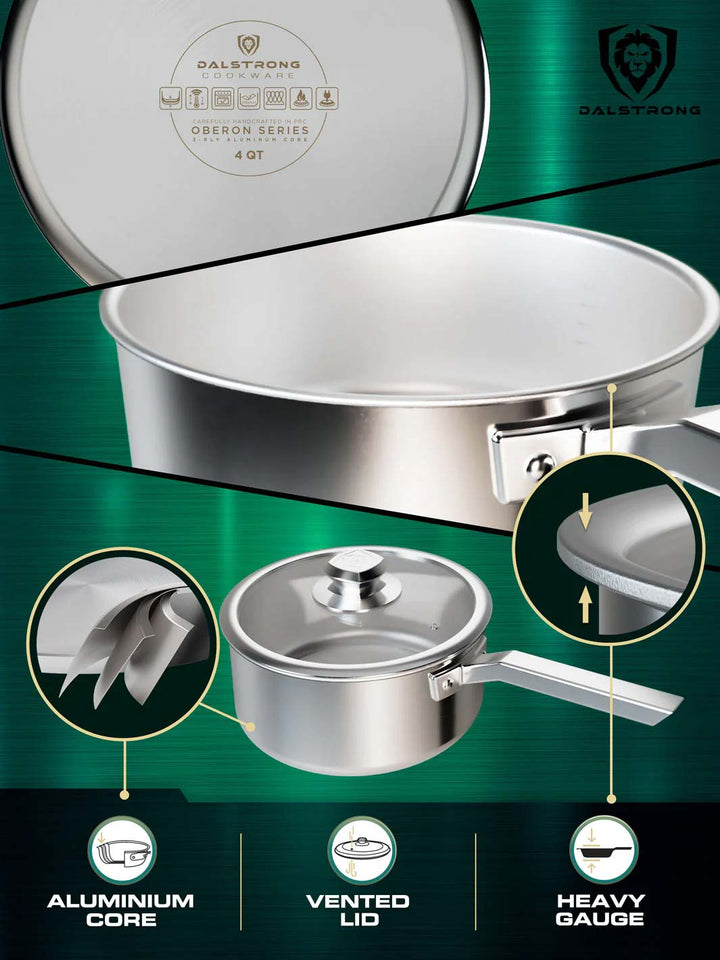 Dalstrong oberon series 4 quart stock pot silver featuring it's aluminum core and vented lid.
