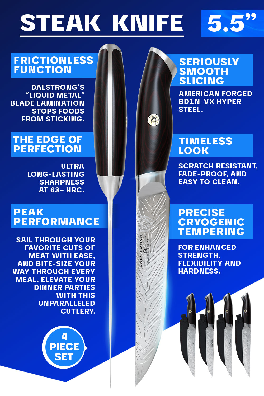  Dalstrong Steak Knife Set - 4 Piece - 5 inch Blade - Omega  Series - BD1N-V Hyper Steel Kitchen Knife - G10 Woven Fiberglass Handle -  Razor Sharp Knife - Leather Sheath Included : Sports & Outdoors