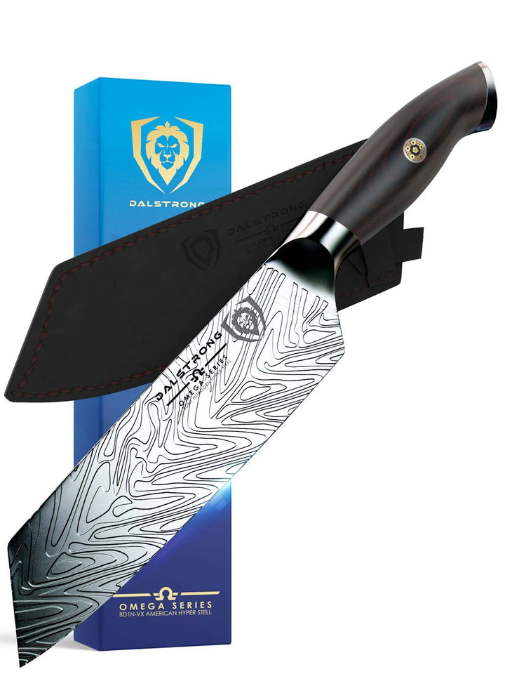 Dalstrong omega series 7 inch santoku knife in front of it's premium packaging.