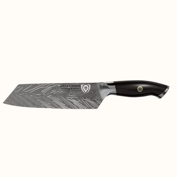 Dalstrong omega series 7 inch santoku knife in all angles.