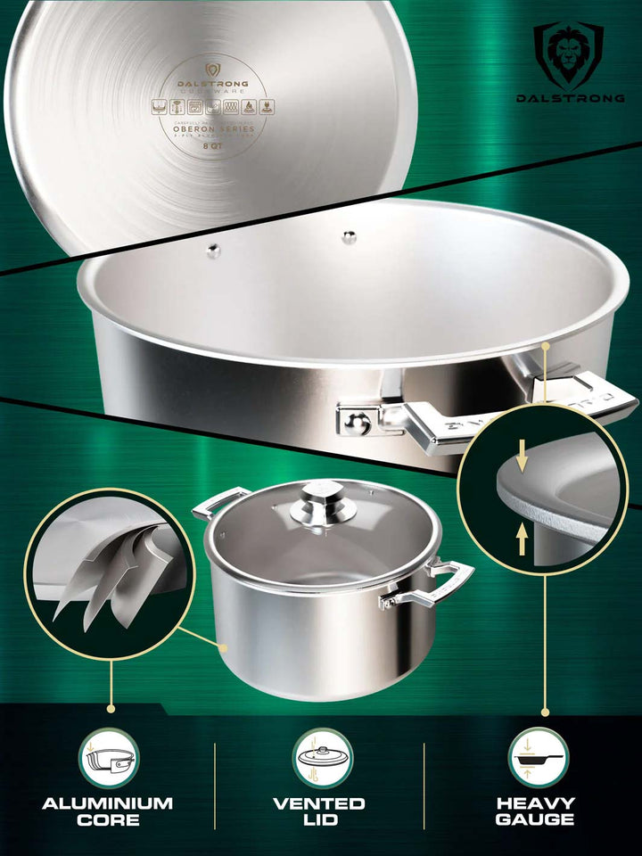 Dalstrong oberon series 8 quart stock pot silver showcasing it's aluminum core and vented lid.