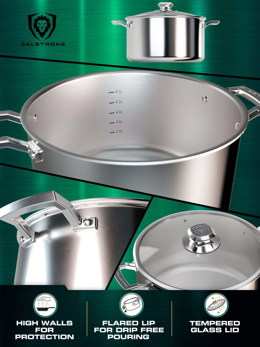 Dalstrong oberon series 8 quart stock pot silver featuring it's high walls and tempered glass lid.