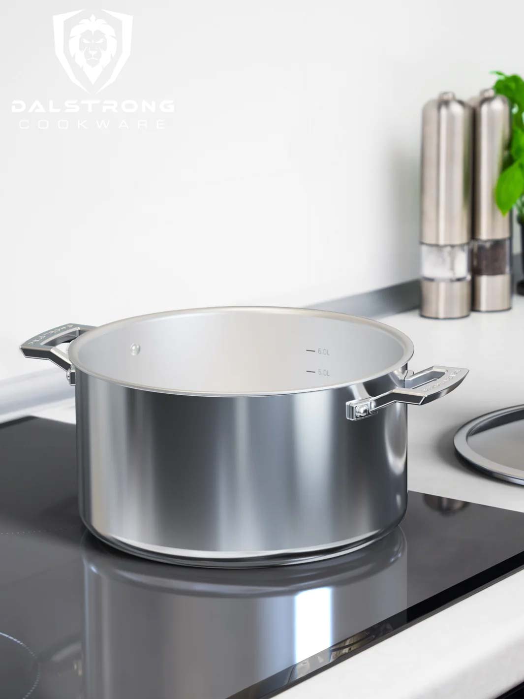 Dalstrong oberon series 8 quart stock pot silver on top of a stove.