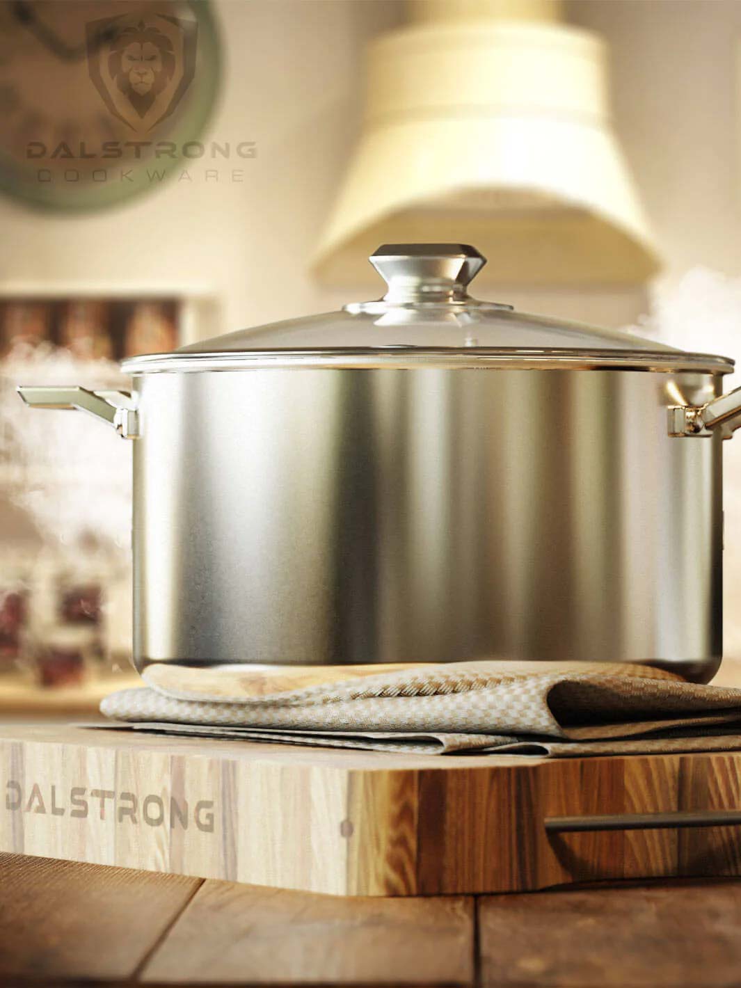 Dalstrong oberon series 8 quart stock pot silver on top of a dalstrong cutting board.